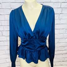 Jason Wu Womens Blue Couture Satin Lined V-Neck Long Sleeve Blouse Size XS