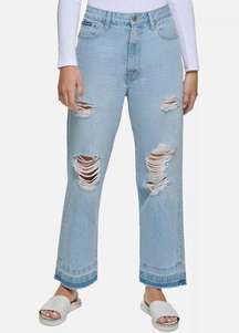 NWT  Dkny Jeans Distressed Frayed Hem Straight Leg Jeans 32/14