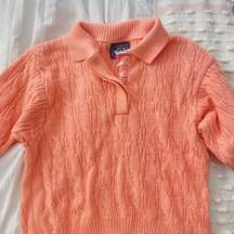 Vintage Light Orange Coral Cable Knit Collared Short Sleeve Top