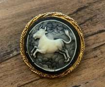 Vintage Zodiac Horoscope Taurus Bull Cameo Brooch Pin Ox Gold Tone Jewelry