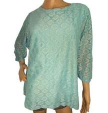 D & Co. Aqua Blue Circular Mesh 3/4 Sleeve Blouse