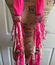 NWOT Handcrafted Scarf in Pink w/ Tan, White, Pink Ribbons and Farm Animal Bling