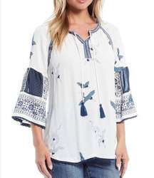 John Mark lightweight embroidered blouse birds herons boho patchwork size medium