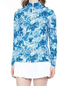 Gottex Tops 1/4 Zip Longsleeve Floral Printed Blue High-Neck Golf Size L