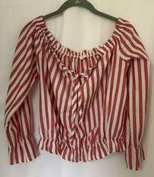 The Sang Red And White Striped Cotton Long Sleeve Blouse Size L