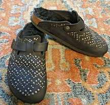 Birkenstock  Black Waxy Leather Nubuck Boston Clog Shearling Rivets Studs 38 US7