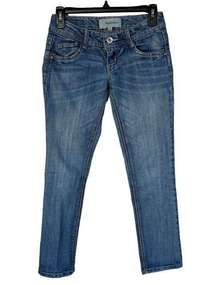 Rewind Jrs SZ 0 Skinny Jeans Low-Rise Stretch Pockets Zip-Fly Whiskered Blue