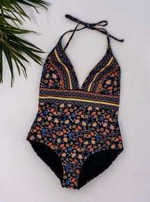 Boden STRING PLUNGE SWIMSUIT BLACK LOTUS PETAL US 12 one piece