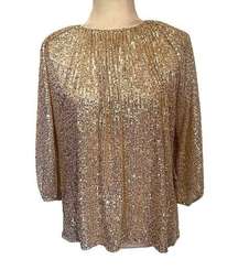 ALFANI Sequin Emerald Safari Top Sz Large Gold 3/4 Balloon Sleeve Cocktail New