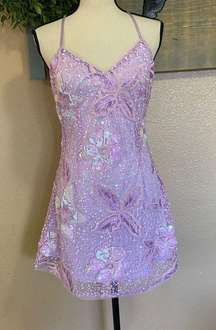 NWOT  Get Up and Glow Lavender Sequin Embroidered Mini Dress