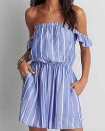 American Eagle Mini Dress Ruffled Off Shoulder Striped Blue White NEW Womens S