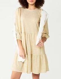 Draper James NWT cream and gold puff sleeve tiered dress size medium