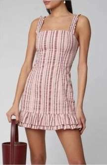 L ALEXIS Pink Striped Ruffle Skirt Linen Mini Dress