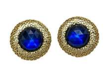 Vintage Blue Rhinestone Gold Filigree Statement Earrings Costume Fashion Avon