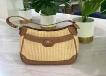 Vintage 90s  Small Leather Straw Woven Shoulder Handbag Purse