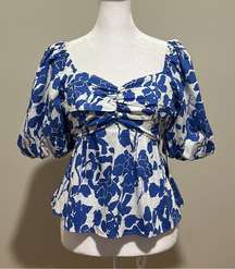 Tuckernuck Hyacinth House Blue Floral Fiori Puff Sleeve Blouse NWT Size XS