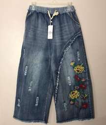 Yesno wide leg cropped loose boho floral embroidered denim jeans size 27