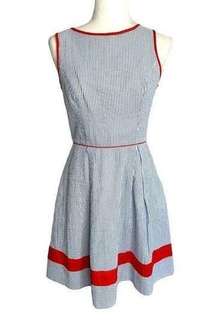 Jessica Simpson Blue White Seersucker Stripe Dress Orange Trim Pockets SIze 4