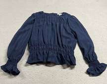 NSR Navy Blue Textured Ruffle Semi Sheer Long Sleeve Blouse Size Medium EUC