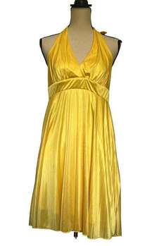 AUW Halter Dress Size Medium Bright Yellow Shiny Pleated High Waist Tie Neck