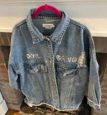 Lili Sidonio Molly Bracken “Girl Gang” Sequined Oversized Denim Jean Jacket XS