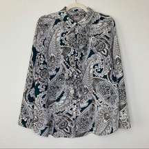 Chico’s Size Large Paisley Ruffled Front Button Down Top