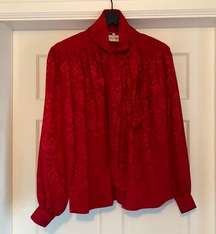 Vintage Oleg Cassini 100% silk neck tie red dot blouse, size 6
