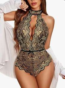 Women Snap Crotch Lingerie Sexy Lace Bodysuit Deep V Teddy One Piece Babydoll