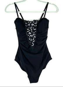 Women's Black Swan Convertible Bandeau Embroidered One Piece Swimsuit 6