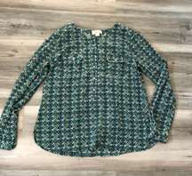 Loft Size Small Long Sleeve Blouse, green/blue floral detail, no stretch, pit to pit is 19, length is 24