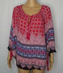 Angie Boho Tunic Top Ties 3/4 Sleeve Blouse Red Lg