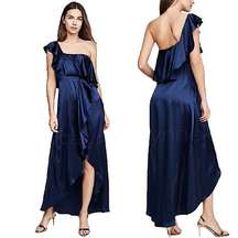 Alexis Austyn 100% Silk Navy One Shoulder Ruffle Asymmetrical Maxi Gown Dress L