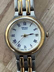 Seiko Ladies Watch Vintage Round White Dial Two Tone Bracelet Date Window