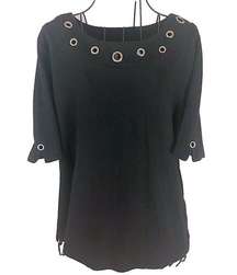 Quacker Factory Black Top With Silver Rhinestone Grommets Women’s Size Medium