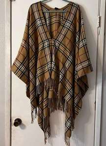 V. Fraas Plaid Check Checkered Poncho Wrap Fringe Cozy Wrap Warm Oversized