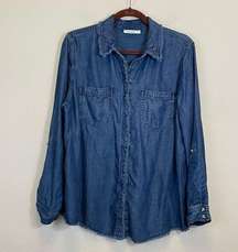 Chico’s Chambray Roll Tab Sleeves Frayed Button Down Shirt Size 12