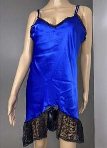 Vintage Petra Fashions Size Medium Blue Satin Chemise Slip Sheath Lace Nighty