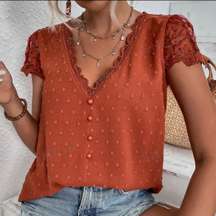 Frenchy Swiss Dot Guipure Lace Detail Embroidered Mesh Blouse Rust Orange