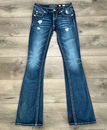 Miss Me 32” Low Rise Signature Boot Cut Stretch Blue Jeans 25