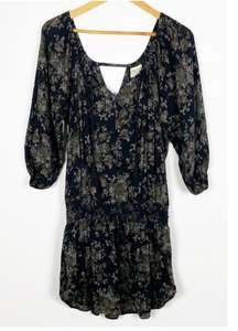 Floral Blouson Mini Tassel Boho Dress Black Small