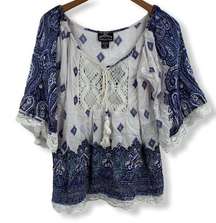 Angie White Blue Paisley Boho Top Small New