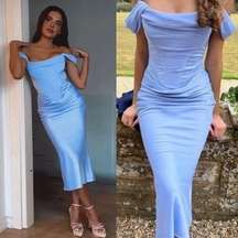 HOUSE OF CB 'Natalya' Sky Satin Corset Midi Dress Blue Size S