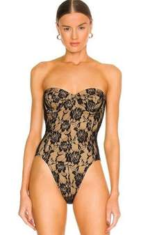 $295 Norma Kamali Women's Beige Black Lace Floral Corset Mio Bodysuit Size S