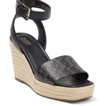 DKNY Sandals Womens Size 5 Black Ankle Strap Espadrille Open Toe Wedges New