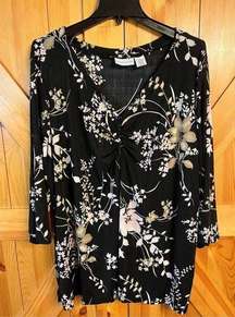 Jaclyn Smith Blouse Womens 3X Ruched Stretch V-Neck 3/4 Sleeve Black Floral (322