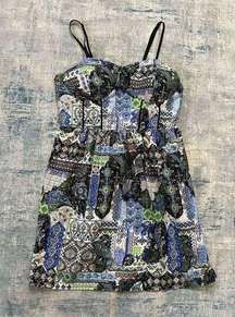 It's Pink Blue Green White Mixed Print Boho Mini Dress w Pockets Large