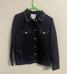 Quacker Factory Black Denim Jacket Size Small Rhinestones Angel Wings Star