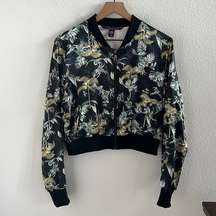 Victoria's Secret Silky Polyester Bomber Jacket Dark Tropical Print Front Zip L