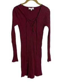 Kendall + Kylie Burgundy Ribbed Tie Neckline Bodycon Dress Small