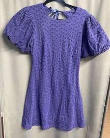 Free People Mini Dress Women's XS Blue Eyelet Lace up Cut out Puff Sleeve B71